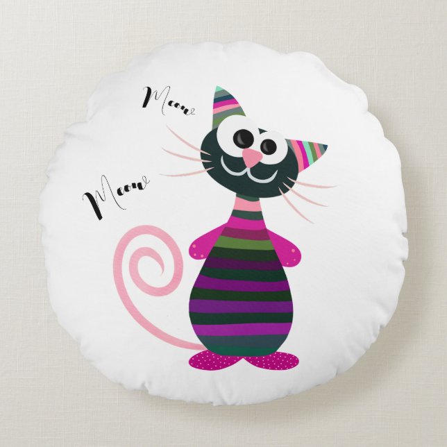 Funny colourful cat round cushion (Front)