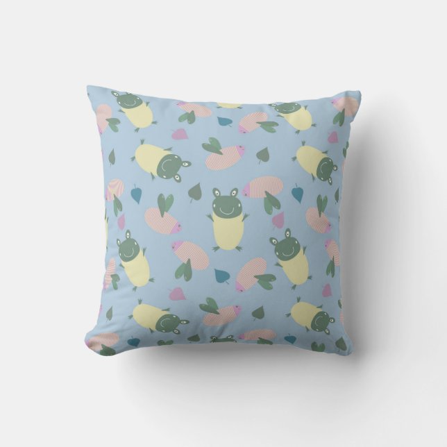 funny colourful frogs and bees seamless pattern cushion (Front)