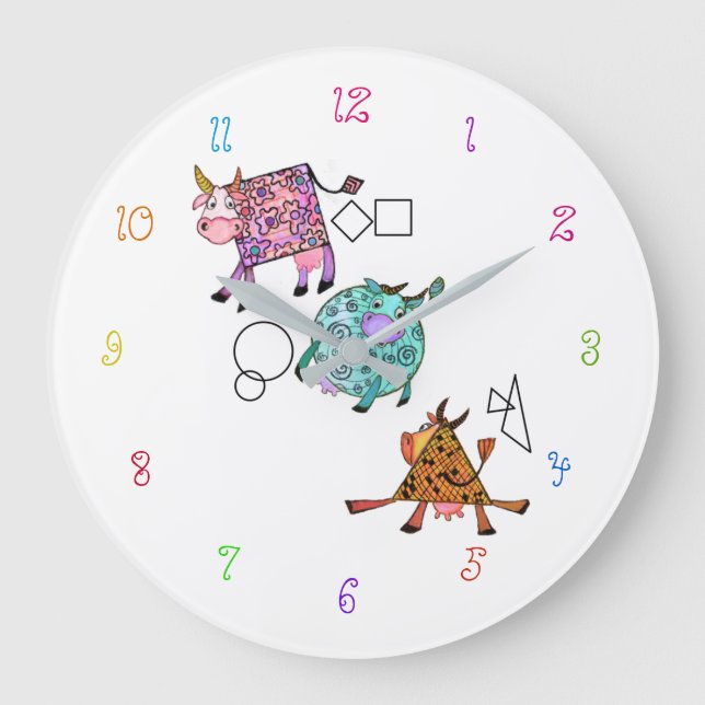 Funny Colourful Geometric Cute Cows Cartoon Drawin Large Clock (Front)
