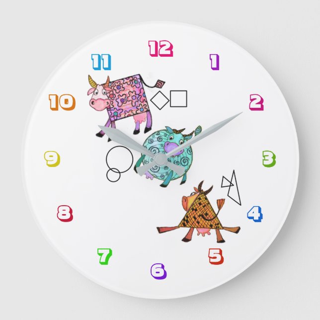 Funny Colourful Geometric Cute Cows Cartoon Drawin Large Clock (Front)