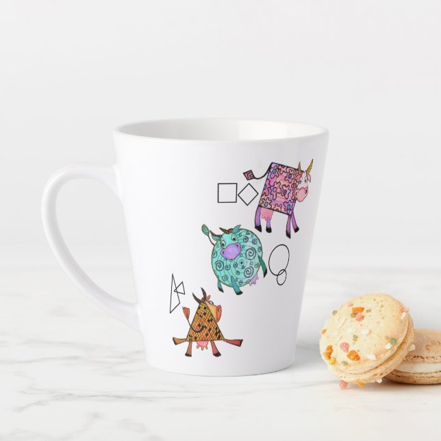 Funny Colourful Geometric Cute Cows Cartoon Drawin Latte Mug (In Situ)