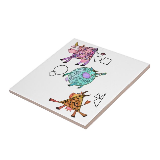 Funny Colourful Geometric Cute Cows Cartoon Drawin Tile (Side)