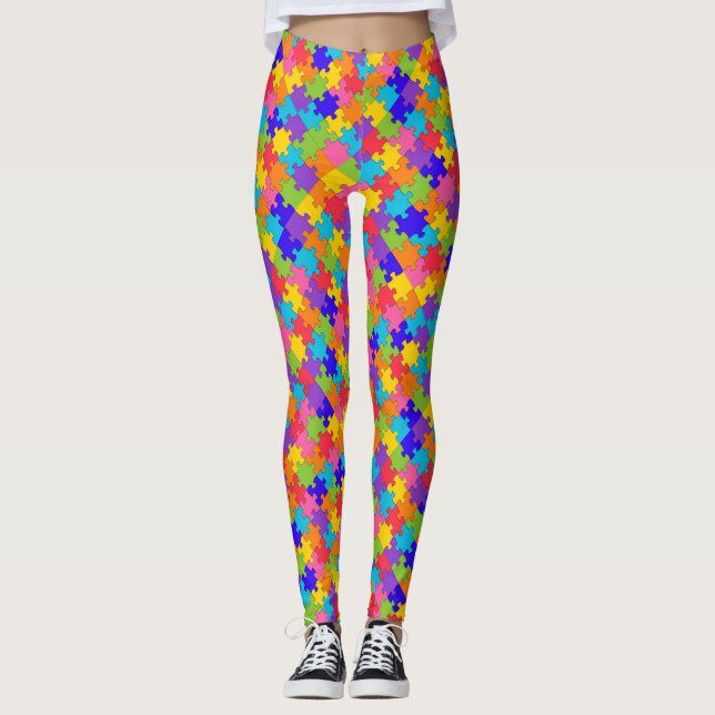 Funny Colourful Jigsaw Puzzle Pieces Leggings (Front)