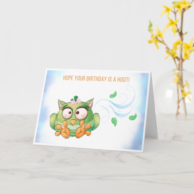 Funny Colourful Owl Birthday Card (Yellow Flower)
