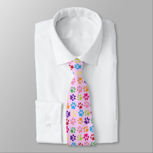 Funny Colourful pet dog or cat paw prints on pink Tie
