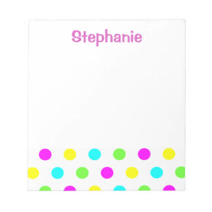Funny Colourful Polka Dots on White Kids Name Notepad