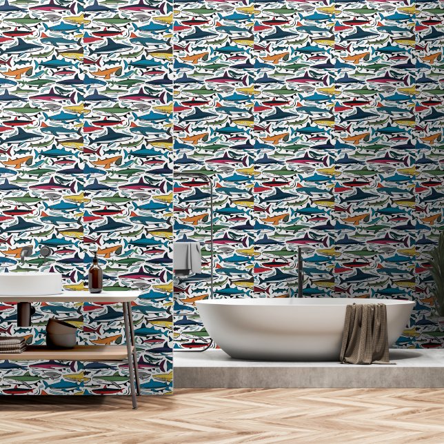 Funny Colourful Shark Abstract Wallpaper (Bathroom)