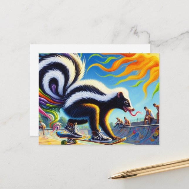 Funny Colourful Skunk Skateboarding Long Tongue  Postcard (Front/Back In Situ)