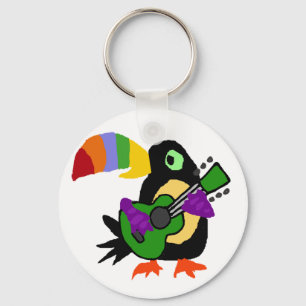 Funny Colourful Toucan Bird Playing Guitar Key Ring