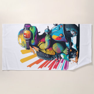 Funny Colourful Turtle On A Scooter Beach Towel