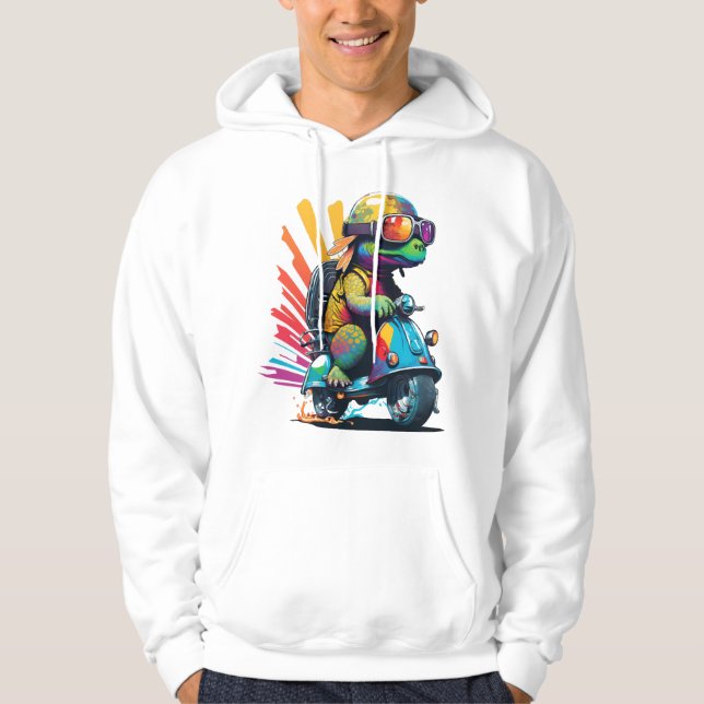 Funny Colourful Turtle On A Scooter Hoodie (Front)