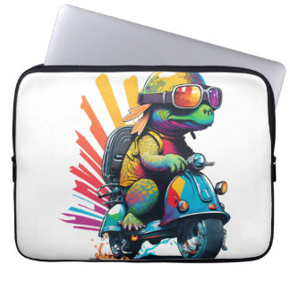 Funny Colourful Turtle On A Scooter Laptop Sleeve