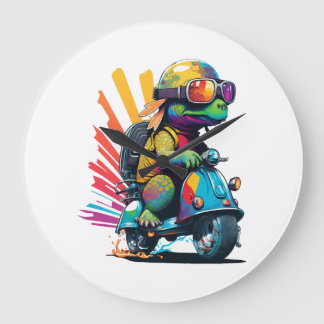Funny Colourful Turtle On A Scooter Large Clock
