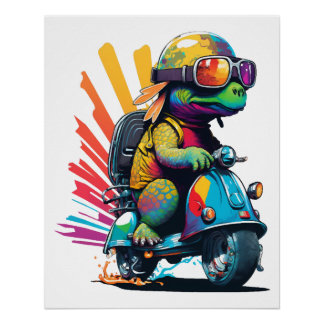 Funny Colourful Turtle On A Scooter Poster