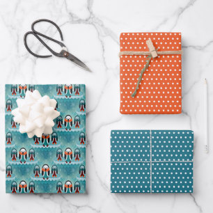 Funny Colourful Wintery Dressed Penguin Pattern Wrapping Paper Sheet