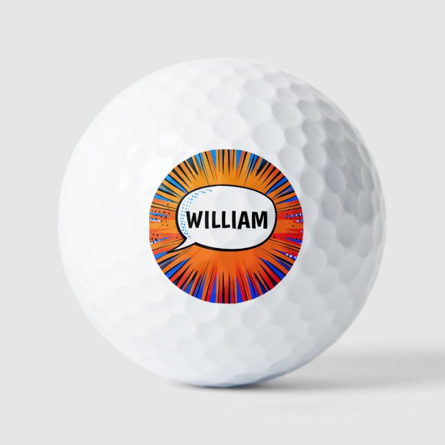 Funny comic book cool personalised name trendy  golf balls (Front)