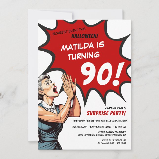 Funny Comic Halloween Surprise 90th Birthday Invitation (Front)