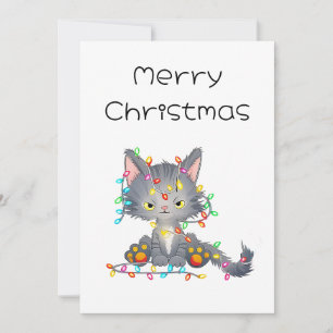 Funny Comic Whimsical Angry Cat Merry Christmas Holiday Card