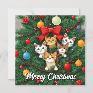 Funny Comic Whimsical Cat Merry Christmas Tree Holiday Card