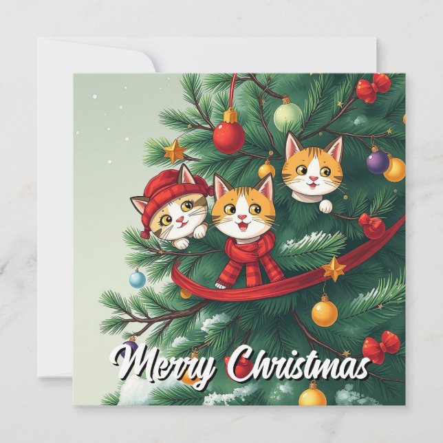 Funny Comic Whimsical Cat Merry Christmas Tree Holiday Card (Front)