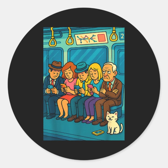 Funny Commuter Train Digital Detox Tech Satire Gif Classic Round Sticker (Front)