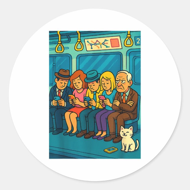 Funny Commuter Train Digital Detox Tech Satire Gif Classic Round Sticker (Front)