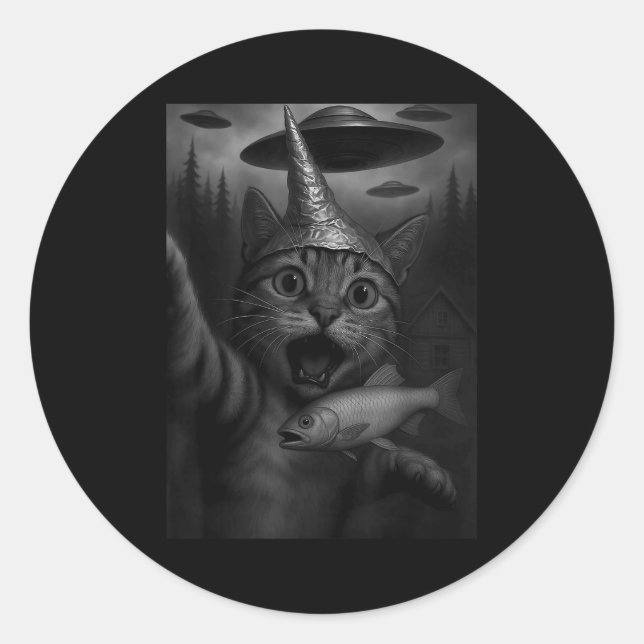 Funny Consracy Cat In Tin Foil Hat Panics At Alien Classic Round Sticker (Front)