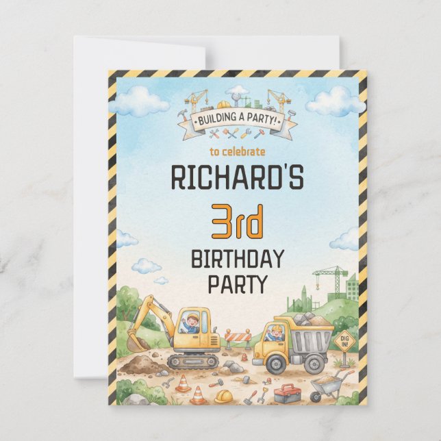 Funny Construction Theme Kids Birthday Party Invitation (Front)
