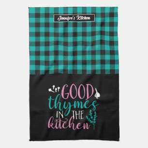 Funny Cooking Pun Good Thymes In The Kitchen Plaid Tea Towel