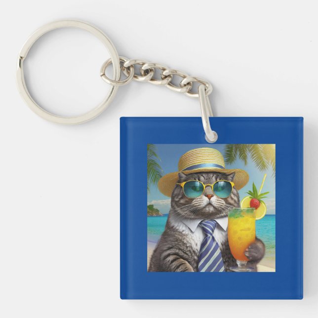 Funny Cool Cat and Tropical Drink Key Ring (Front)