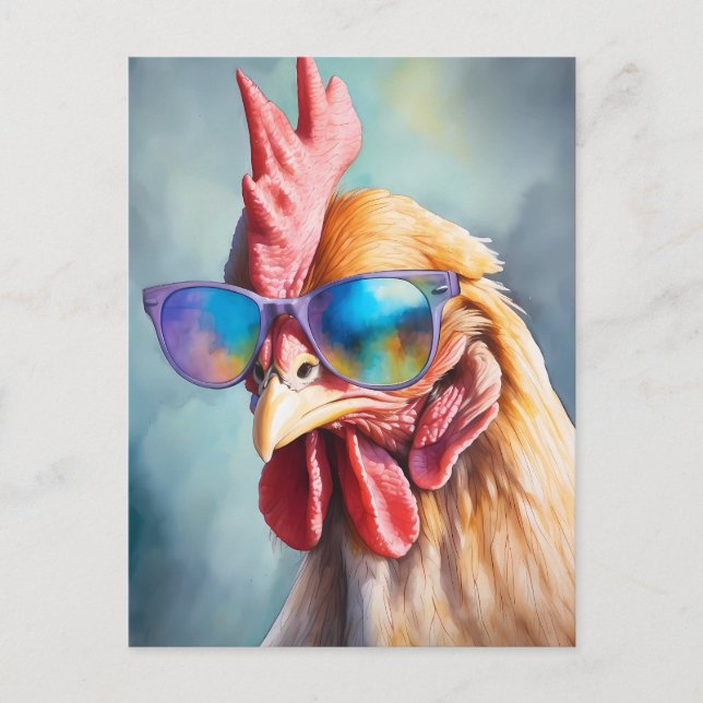 Funny Cool Chicken With Sunglasses Watercolor Postcard (Front)