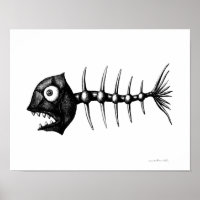 Funny cool fish skeleton ink drawing art