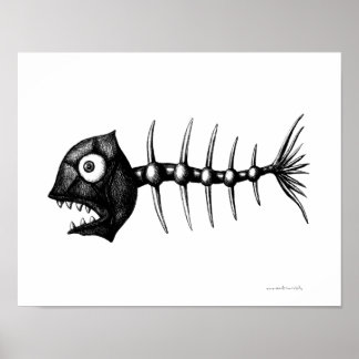 Funny cool fish skeleton ink drawing art poster