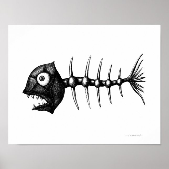 Funny cool fish skeleton ink drawing art poster (Front)