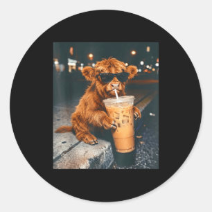 Funny cool highland cow drinking iced coffee classic round sticker