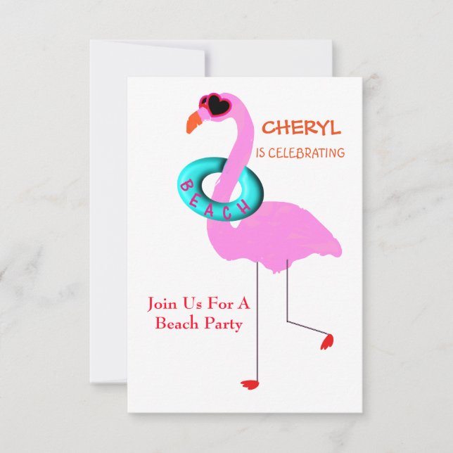 Funny Cool In Shades Pink Flamingo Beach Party Invitation (Front)