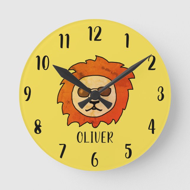 Funny Cool Lion Kids Name Round Clock (Front)