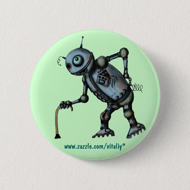 Funny cool old robot button design (Front)