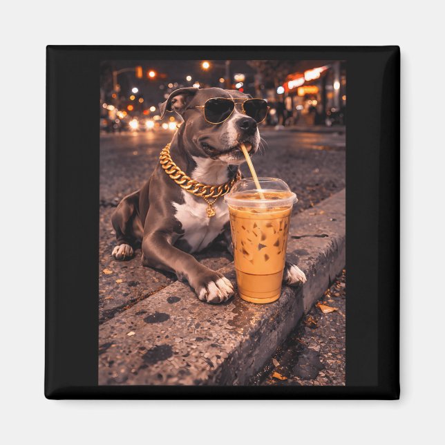 Funny Cool Pitbull Dog Drinking Iced Coffee Animal Magnet (Front)