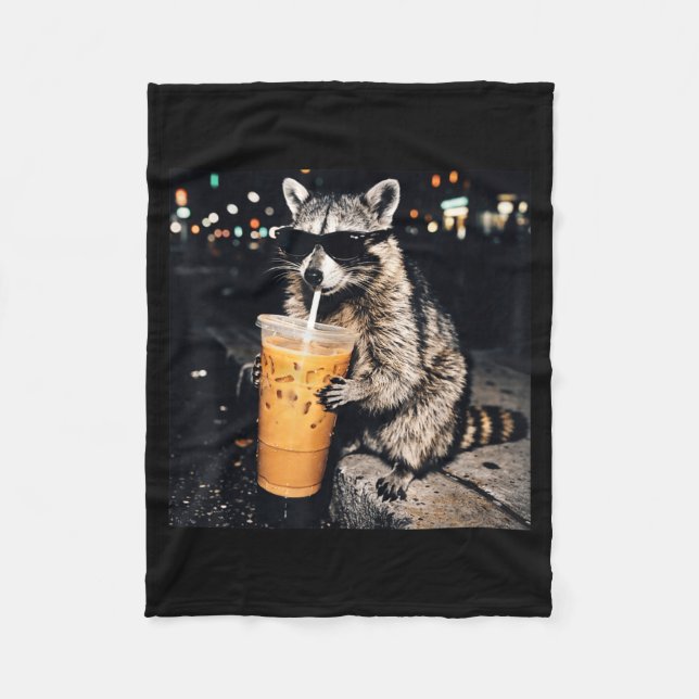 Funny cool racoon drinking iced coffee animal mem fleece blanket (Front)