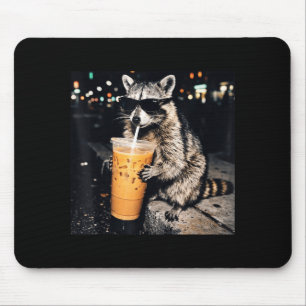 Funny cool racoon drinking iced coffee animal mem mouse pad