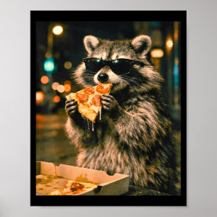 Funny cool racoon with sunglasses eating pizza poster