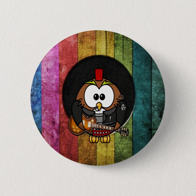 Funny cool rock&roll owl with piercings playing 6 cm round badge (Front)