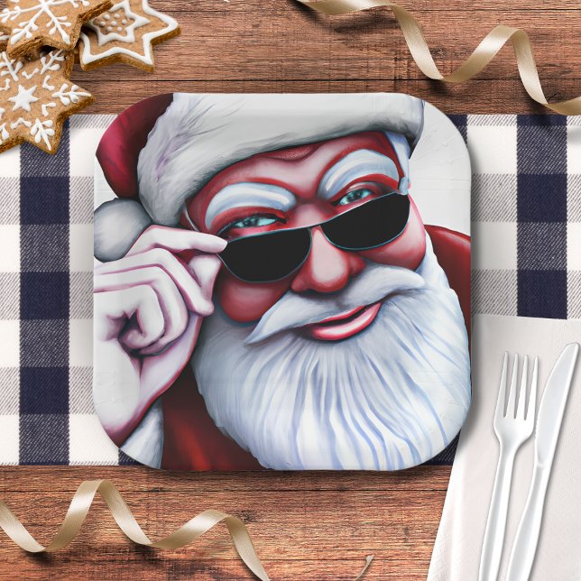 Funny Cool Santa Claus in Sunglasses Christmas Paper Plate (funny cool santa claus wearing sunglasses paper plates)