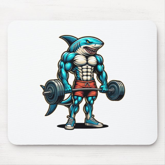 Funny Cool Shark Weightlifting Bodybuilder Muscle  Mouse Pad (Front)