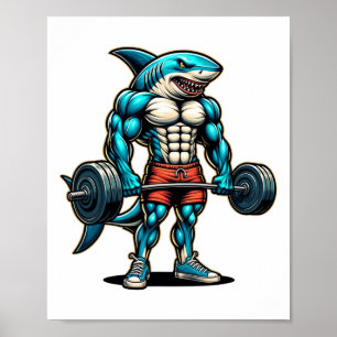 Funny Cool Shark Weightlifting Bodybuilder Muscle  Poster