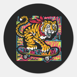 Funny Cool Tiger With Ndana Skateboarding Graffiti Classic Round Sticker