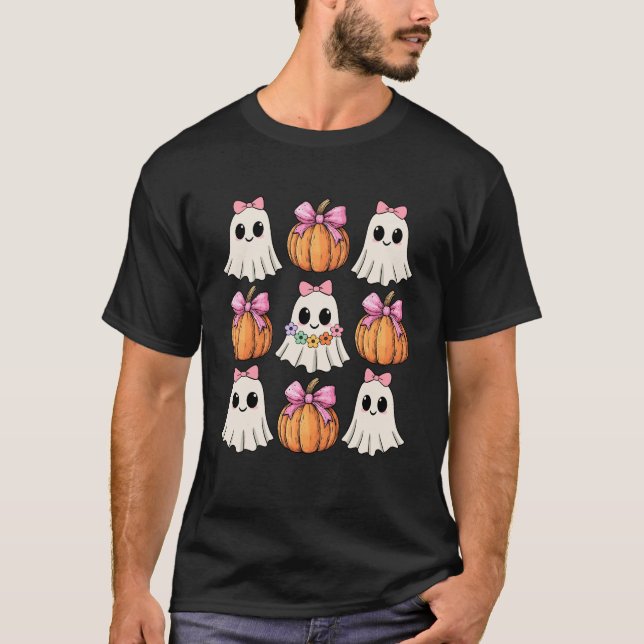 Funny Coquette Bow Pumpkin Halloween Ghost Spooky  T-Shirt (Front)