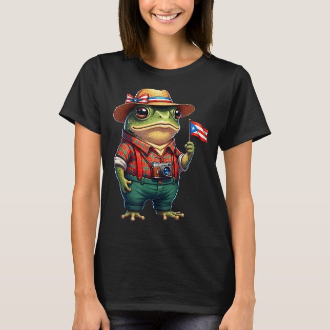 Funny Coqui Frog Puerto Rico Flag Taino Boricua Hi T-Shirt (Front)