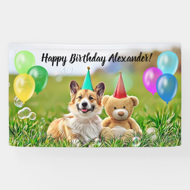 Funny Corgi Balloons Happy Birthday Party Banner  (Horizontal)